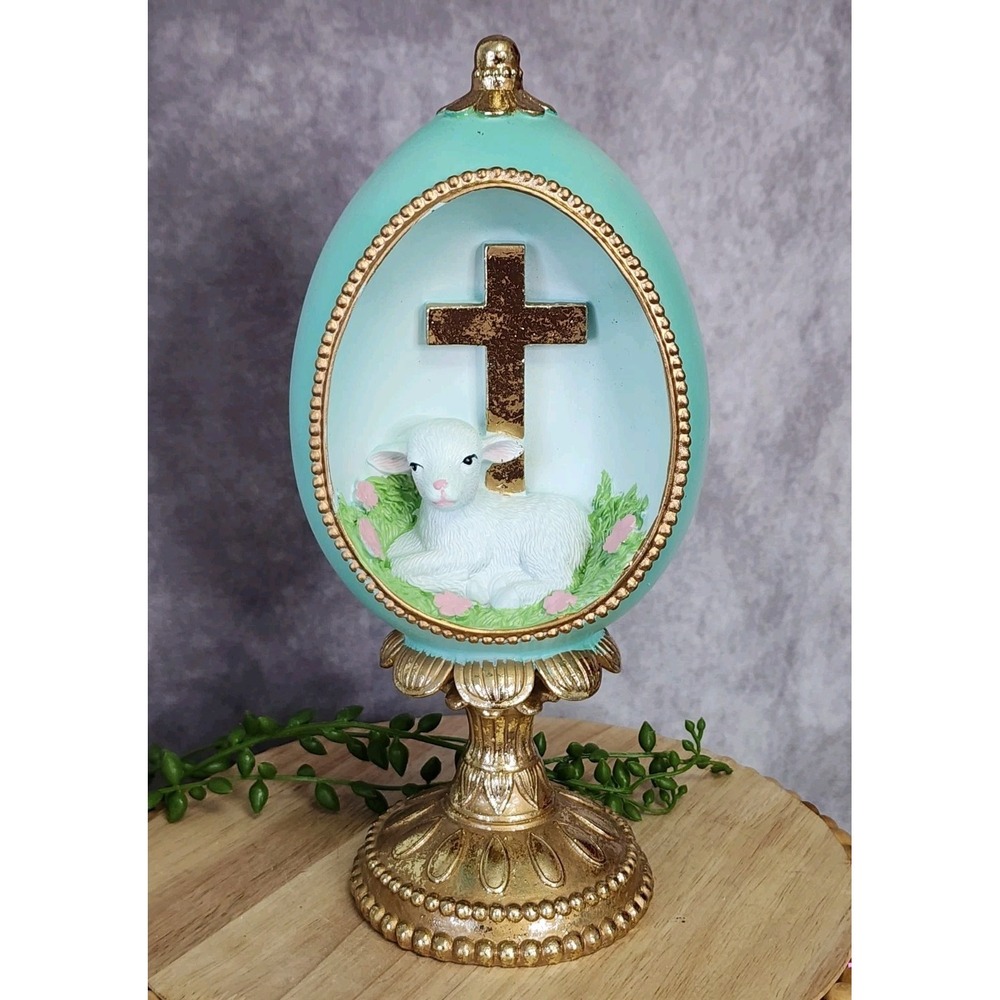 Easter Diorama Green‎ Gold Sheep Lamb Cross Figurine Pedestal Resin 10" Tabletop